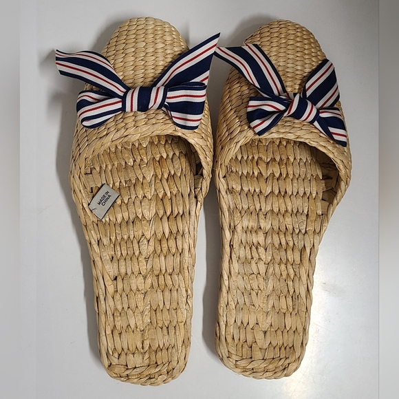 Handmade Natural Rattan Mule Slippers with Red, White & Blue Grosgrain Bow Sz L - Picture 2 of 11